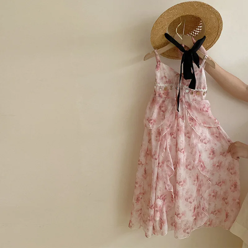 Girls' Korean Floral Holiday Style Camisole Dress Summer New Sweet and Versatile Casual High-end Dress Trend
