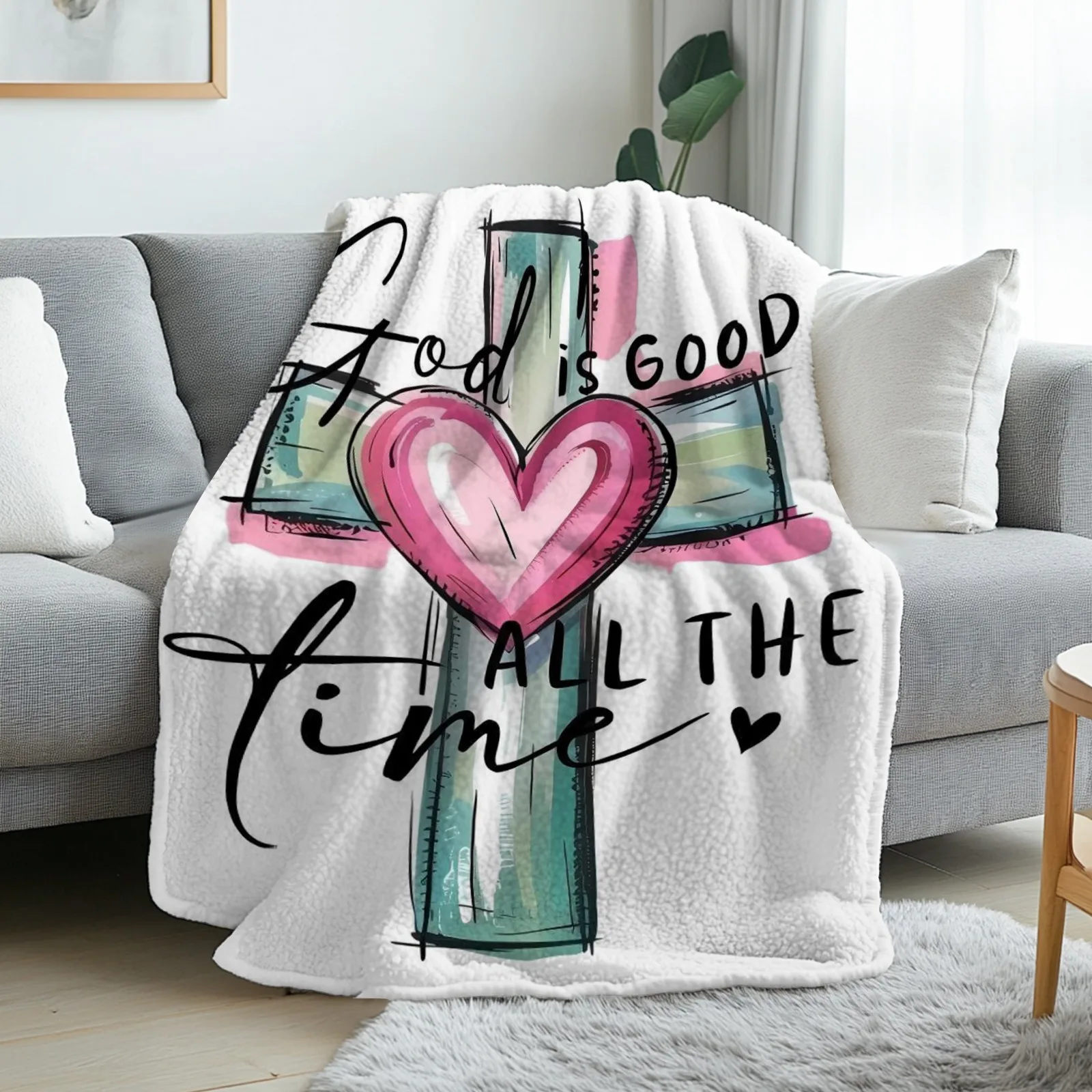 Pink Plaid Cross Bible Verse Throw Blanket for Living Room Sofa Daily Use Birthday Anniversary Faith Household Tribute