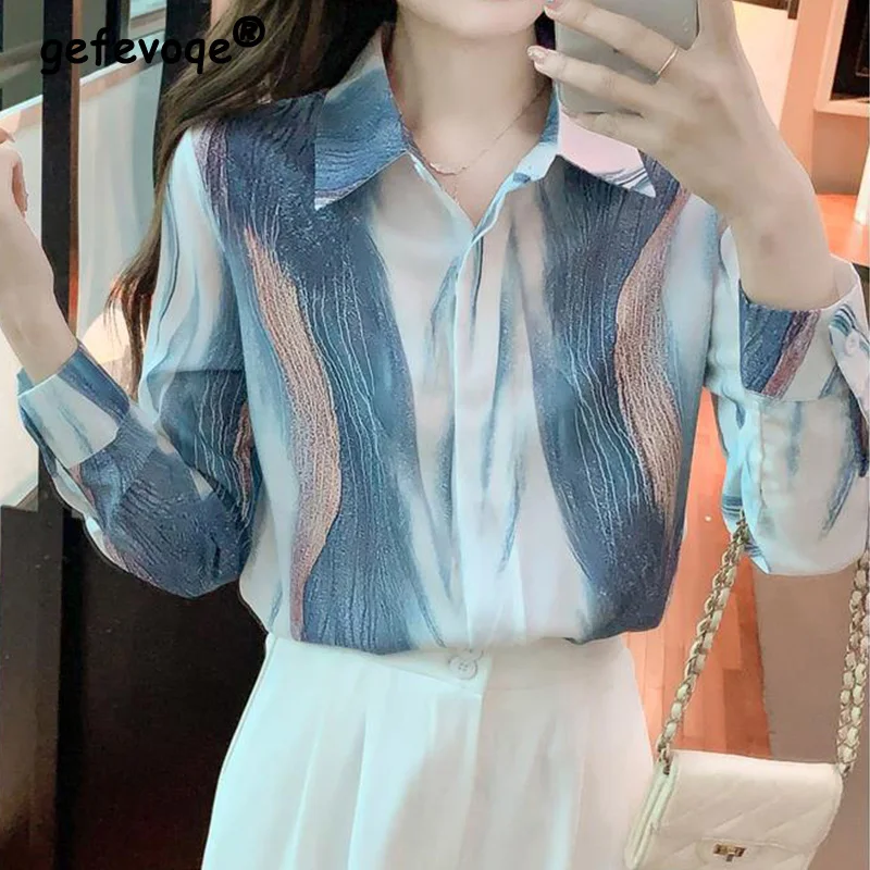 Fashion Long Sleeved Loose Shirt Spring Autumn Women\'s Clothing 2023 New Turn-down Collar Ink Gradient Chiffon Cardigan Blouses