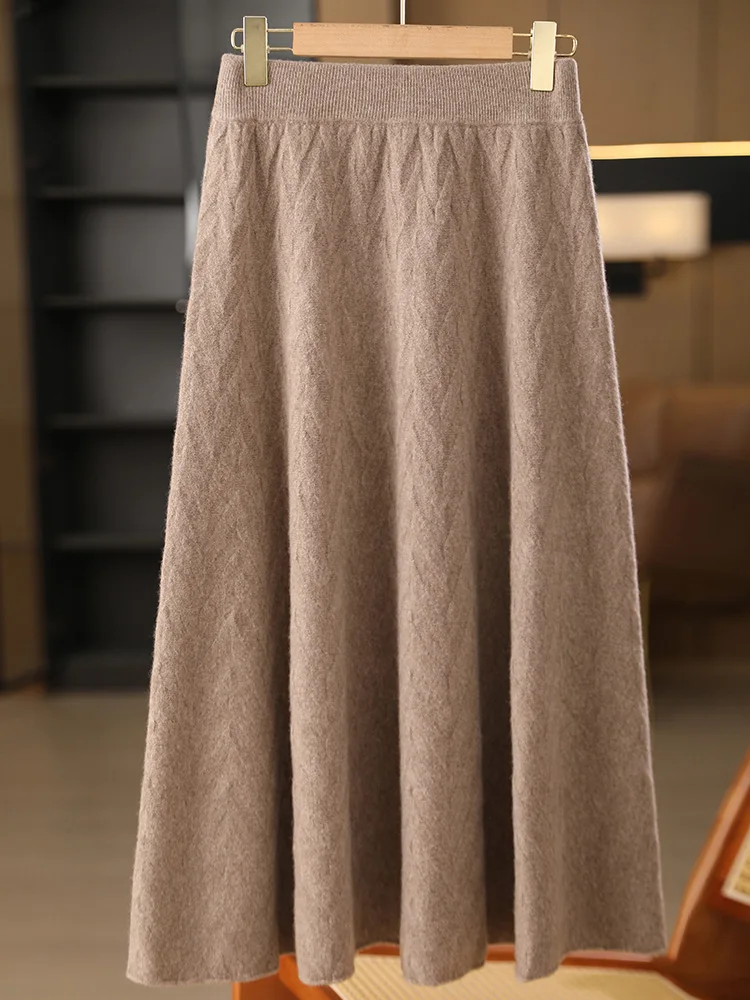 TLOML Chic Women's 100% Merino Wool knitted Herringbone Pattern Skirt Autumn Winter Cashmere Soft Warm Loose Comfy Elegant Skirt