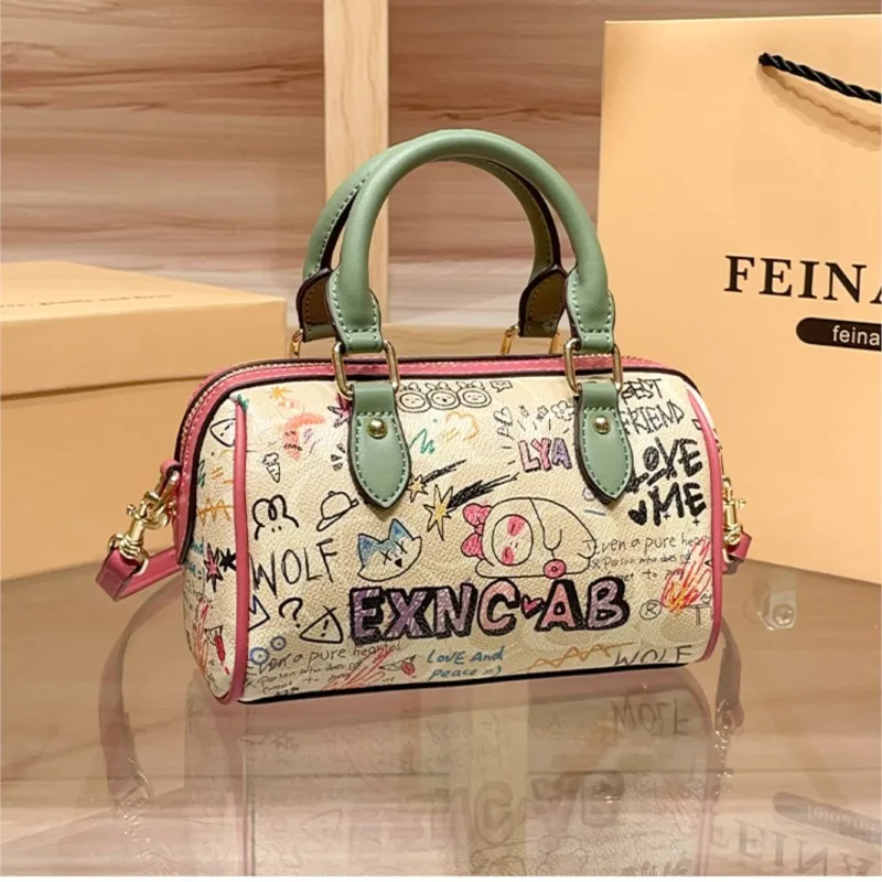 Brand Women's Handbag 2026 Spring/Summer New High end Single shoulder Crossbody Bag Graffiti Bear Boston Pillow Bag