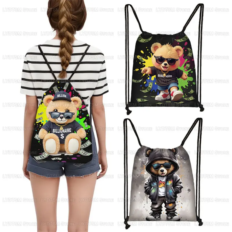 

Cute Billionaire Bear Paint Splashing Backpack Women Men Drawstring Bags for Travel Hip Hop Shoulder Bags Bookbag Shoes Holder