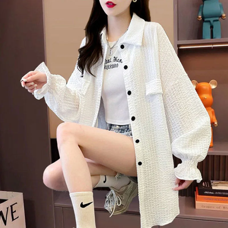 قميص نسائي كوري فضفاض، ملابس للحماية من الشمس، بلوزة صوفية طويلة، ملابس خارجية رفيعة للحماية من الأشعة فوق البنفسجية، مقاس كبير، صيفي