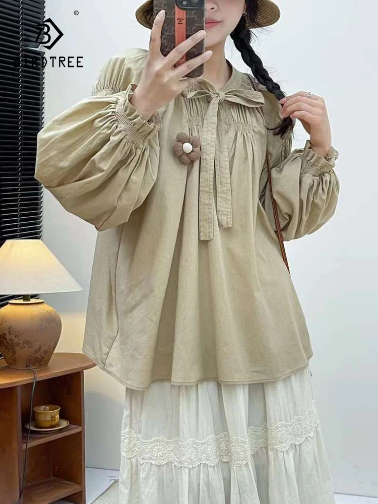 

Новая женская хлопковая рубашка с длинным рукавом, весна 2026, с круглым вырезом, складками, кружевными вставками и пэчворком, в стиле Mori Girl Princess, свободная блузка T62483CC