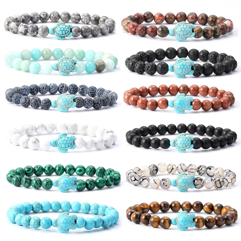 Sea Turtle Beads Bracelets For Women Men Classic 14 Colors Natural Stone Elastic Friendship Bracelet Beach Jewelry