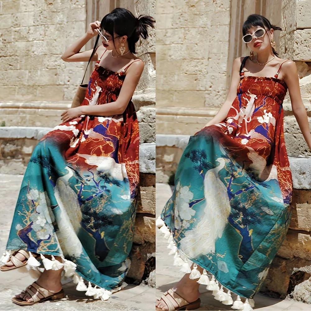 Tao Te robe Vintage Oriental licou robe Maxi imprimé artisanal frange détail Boho soie plage couvrir Yugen MoodEnigmaticVacation