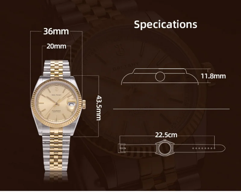 นาฬิกาออโตเมติกผู้ชาย Baltany นาฬิกาข้อมือวินเทจ36มม. 10Bar กระจกแซฟไฟร์ NH35ส่องสว่างกันน้ำ
