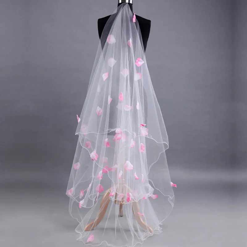 Single Layer Long  Wedding Party  Veil without Comb Tulle Handmade Flowers Bride Headpiece Marriage Accessories