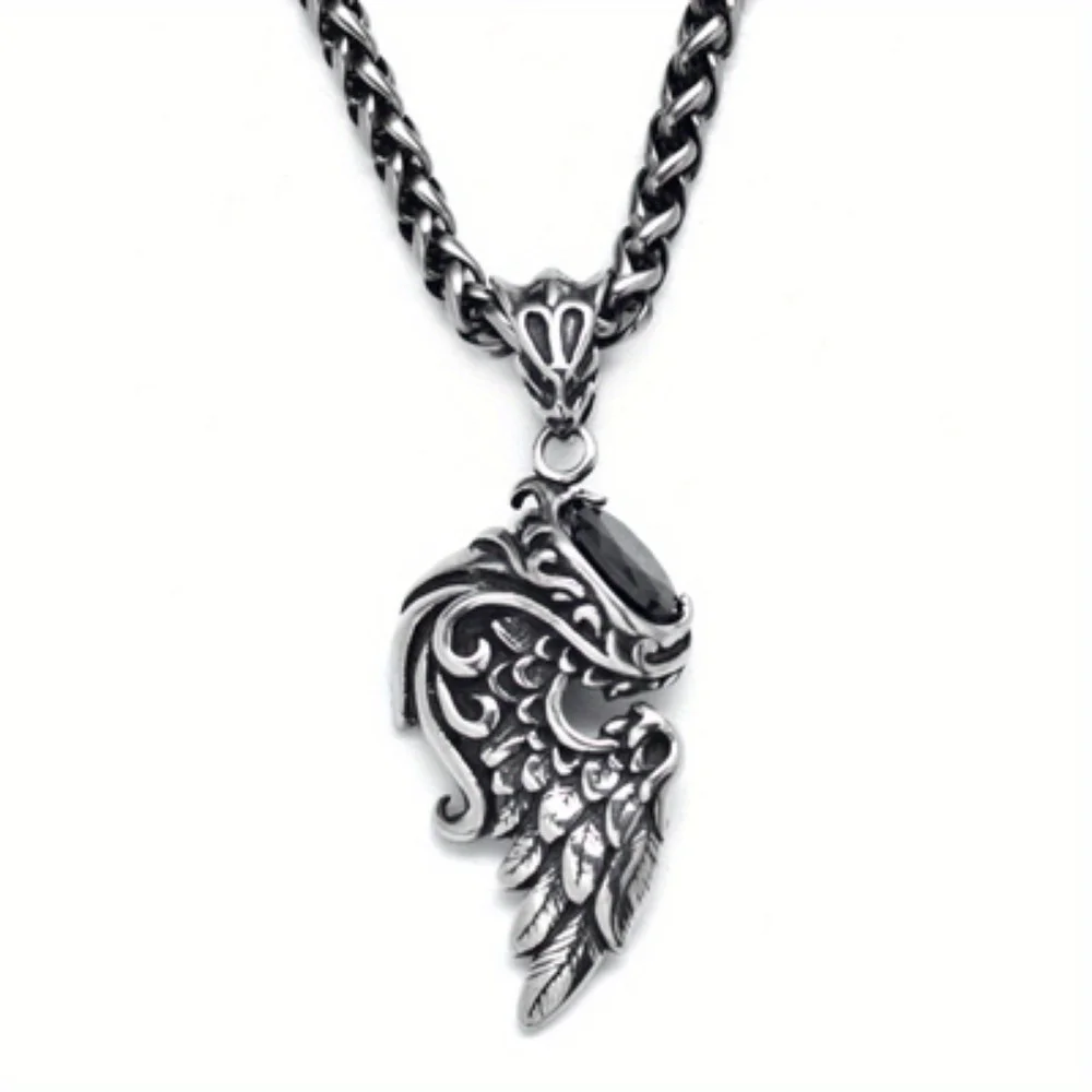 1 Pack Vintage Gemstone Wings Pendant Pendant Men's Korean Personalized Hip Hop Feather Necklace Wholesale