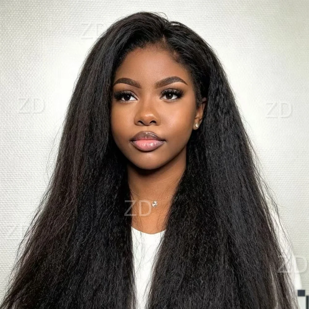

26" Yaki Straight 180 Density Black Soft Pre-plucked Glueless Synthetic 13X4 Lace Front Wig For Women Baby Hair Daily