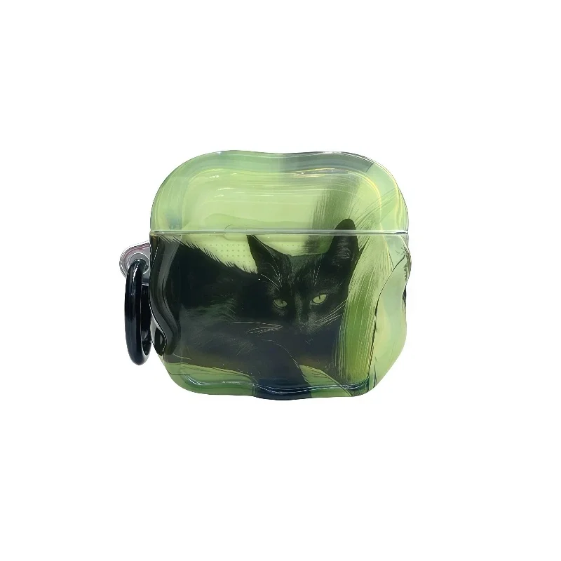 Mintgrüne schwarze Katzenkopfhörerhülle mit schwarzem Schlüsselring für Airpods 1, 2, 3, 4, Pro, Pro2, Pro3, grüne gewellte glänzende Hülle.