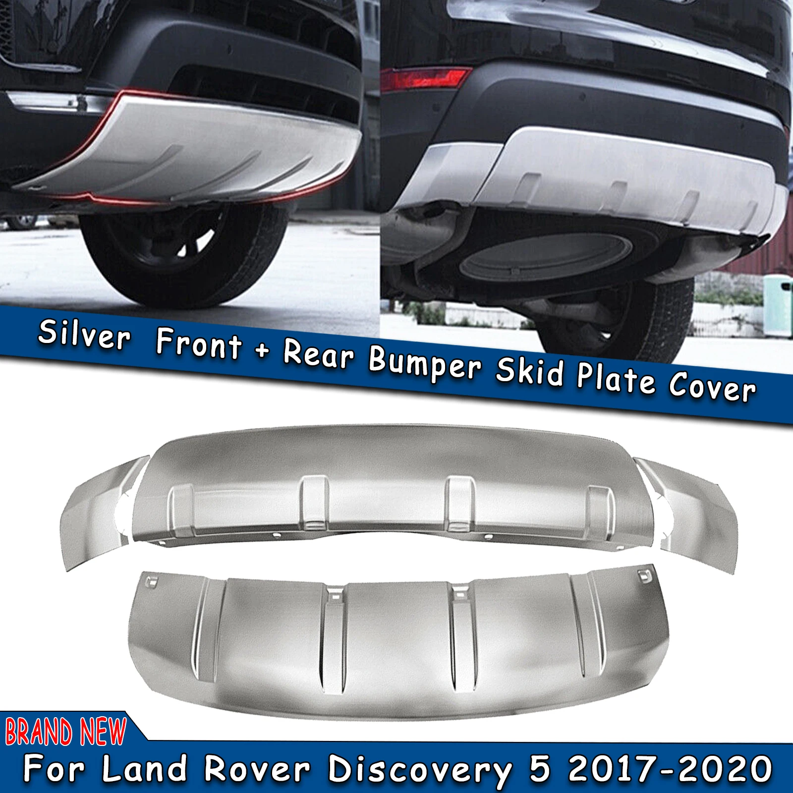 

Car Front Spoiler & Rear Bumper Diffsuer Guard Skid Plate Silver Lower Hook Cover Lip For Land Rover Discovery 5 L462 2017-2023