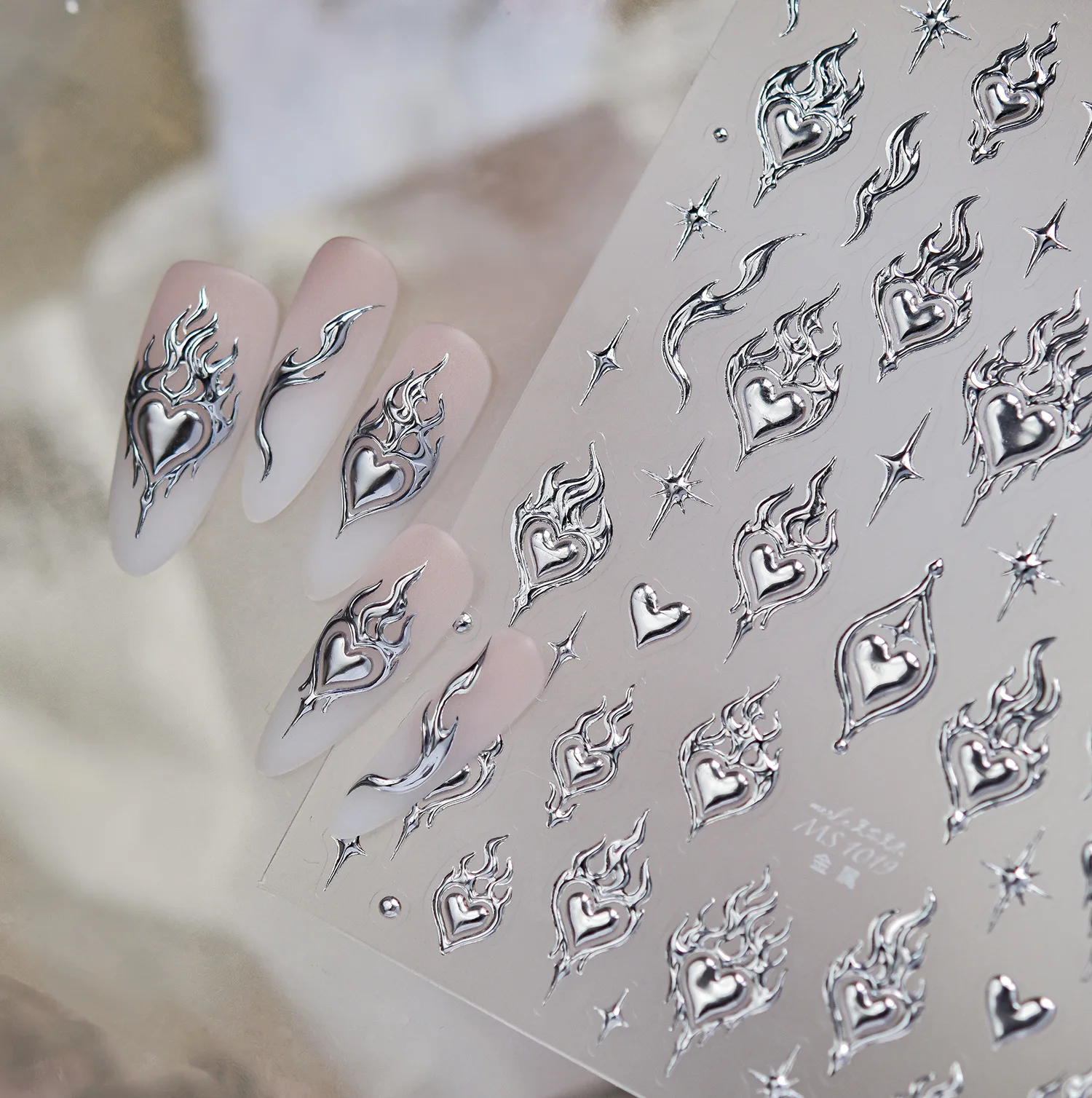 5D Sliver Flame Heart Ribbon Shiny Quad Star Circular Rivet Curve Line Punk Metal Nail Art Stickers Self Adhesive Nail Decals