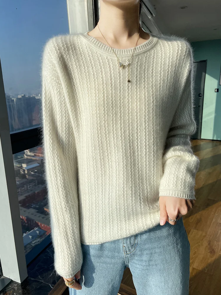 

Women Spring Autumn Long Sleeved O-Neck Ripple Solid Color Knitwear Cashmere Pullover 100% Merino Wool Sweater Commute Tops