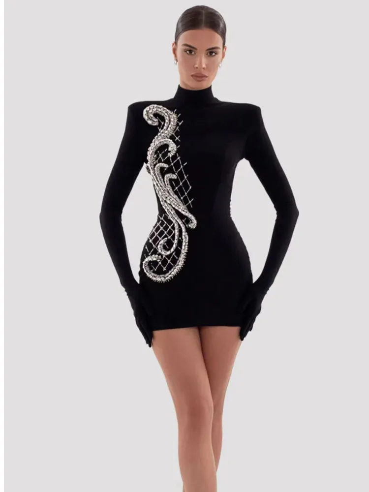 

High Quality Women Long Sleeve Sexy Beading Bodycon Mini Bandage Dress Fashion Celebrate Evening Party Outfit Vestido