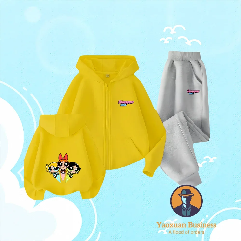 

The Powerpuff Girls Fashion Cartoon Pattern Oversized Hoodie Men's Suit + Trousers Fully Matched Loose Zipper Sweatshirt