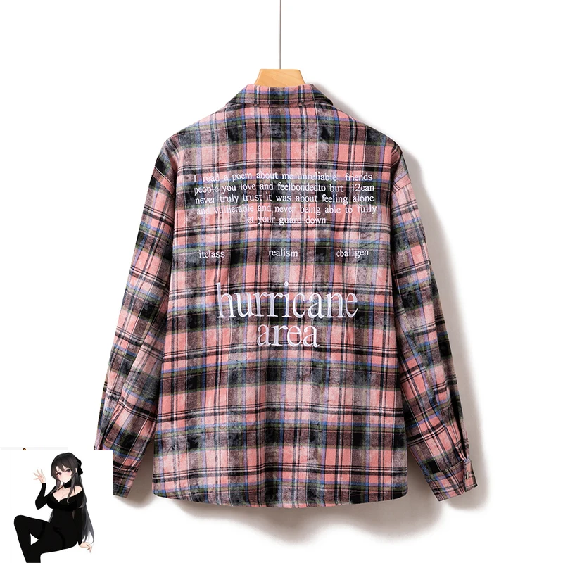 

Washed Do Old Back Embroidered Letters Checkered Shirt Jacket Men Women Loose Fit V-shape Sun Protection Shirt Outwear Blouse