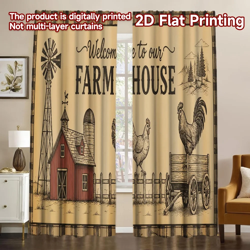 2D FLAT PRINTING 2pcs Curtains (Without Rod) Farmhouse Rustic Scene Modern Curtains Roller Blinds Versatile 100% Polyester