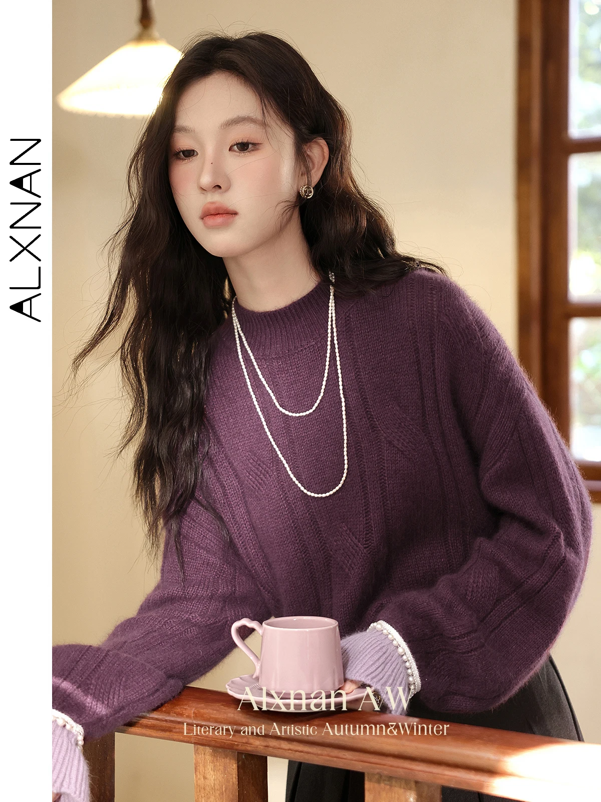 ALXNAN Women Purple Sweaters Winter O-neck Patchwork Beading Cuff Long Sleeve Tops 2024 Female Knitted Thickness Jumper D08323