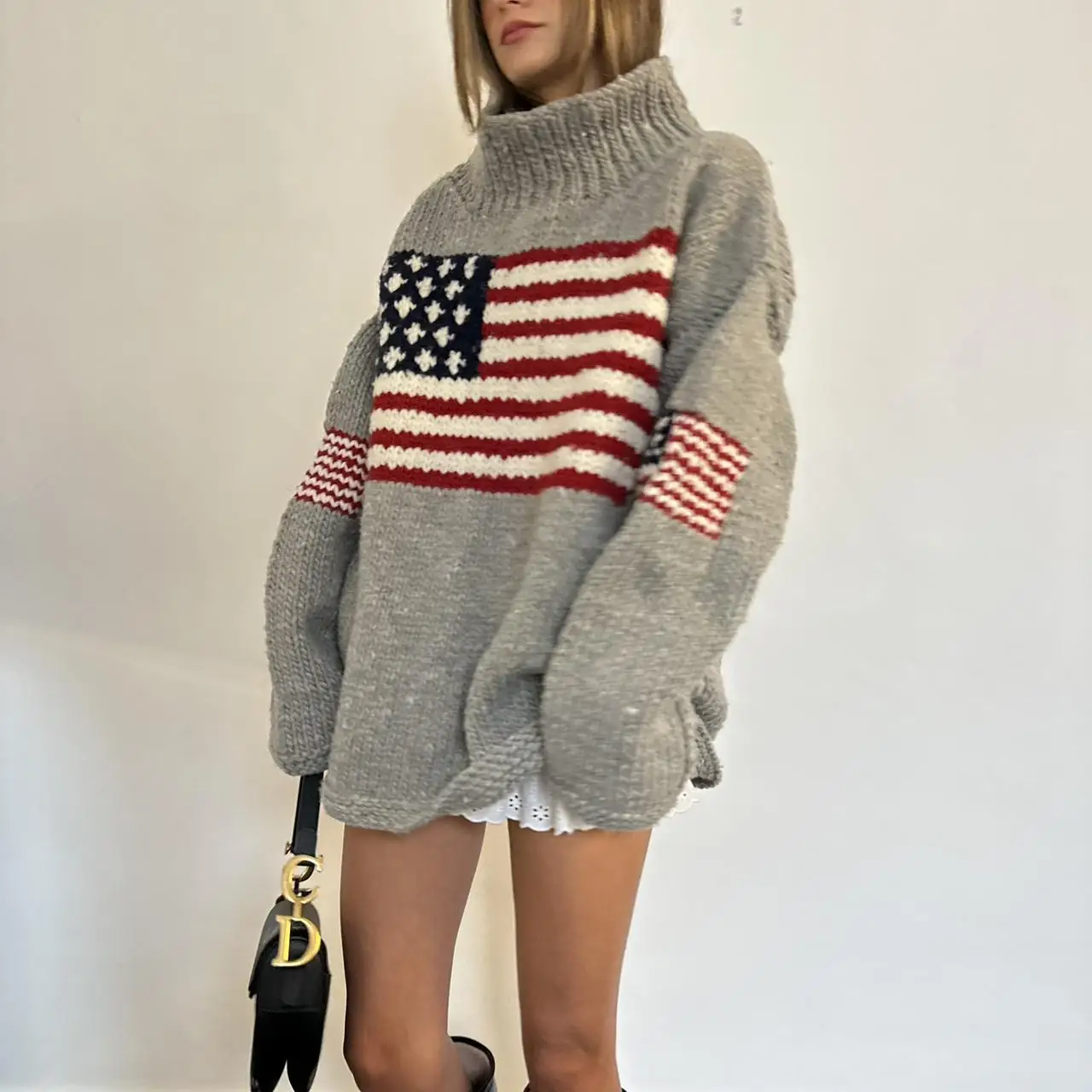 Harajuku Retro Women's US Flag Long sleeved Pullover Sweater Knitted High Neck Large Y2K Sweater Retro Sweater Warm