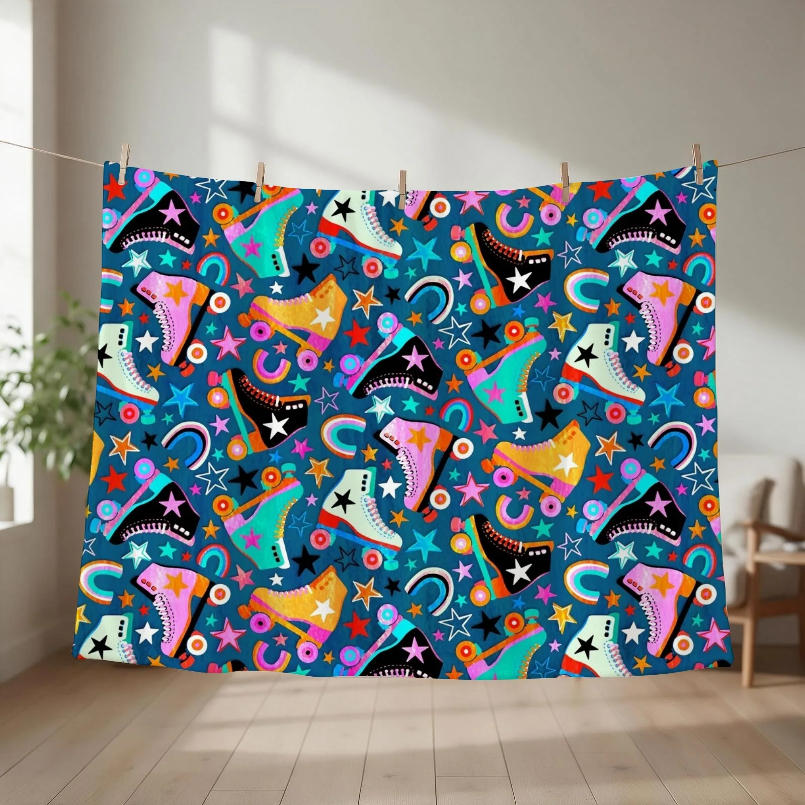 Retro Rainbow Roller Skates and Stars Throw Blanket couch cozy soft plush fuzzy picnic outdoor blanket