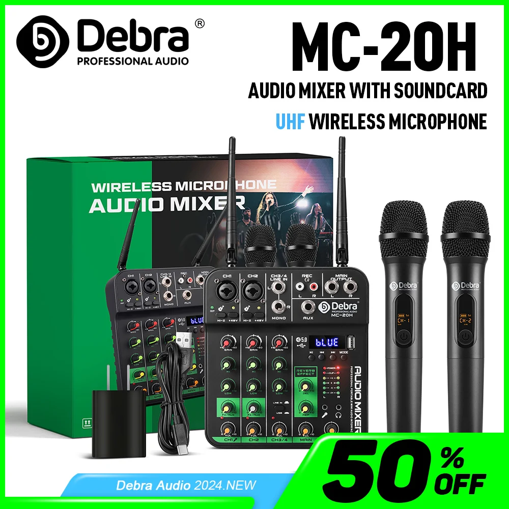 Debra-micrófono inalámbrico UHF, mezclador de Audio de 4 canales, interfaz de Audio, consola mezcladora, grabación Bluetooth, efecto de repetición de retardo de PC