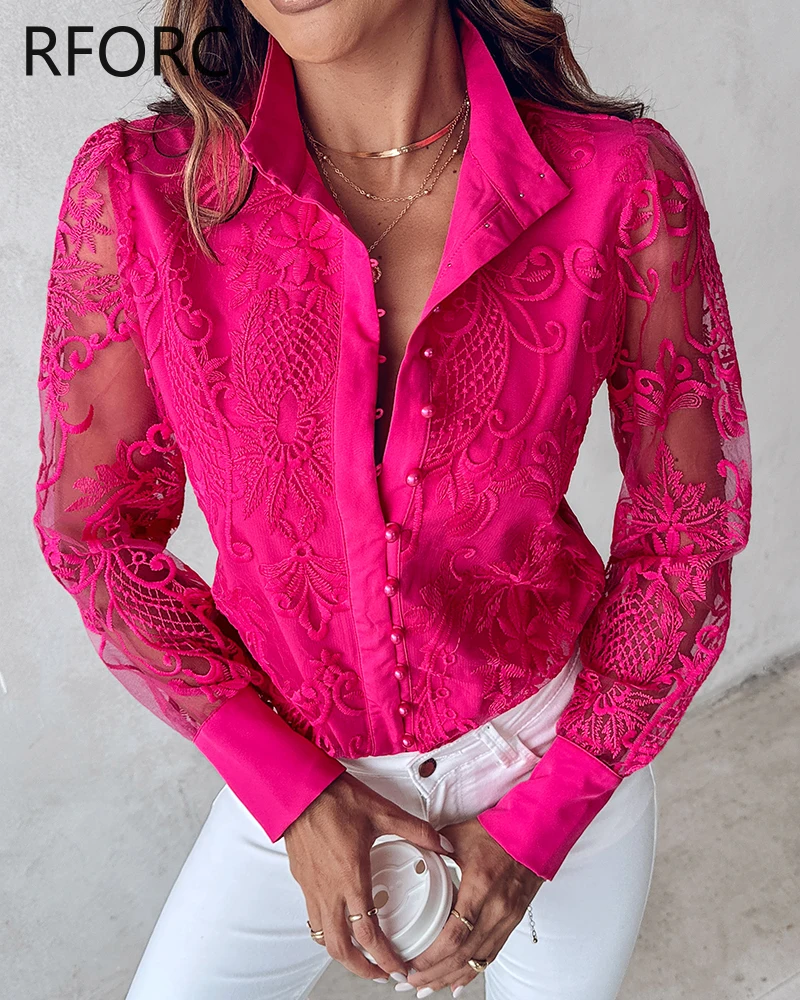 2024 Women Long Sleeves Beading Button Lace Flower Hollow Turn Down Neck Blouse Shirt Top