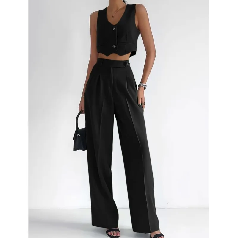 

Fashion Casual Vest Suit For Women Summer Sexy Slim V-neck Button Tank Tops Wide Leg Long Pant Suits Woman Black Sets Clothing