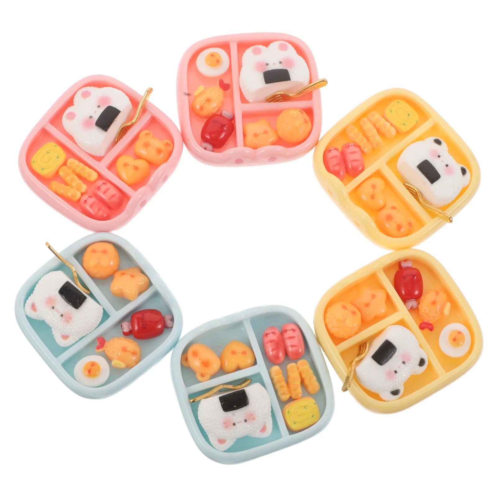 6 szt. Mini talerzyki na posiłki, urocze żywiczne przekąski w pudełku bento do dekoracji domku dla lalek, japoński styl, małe rekwizyty na lunch, miniaturowe