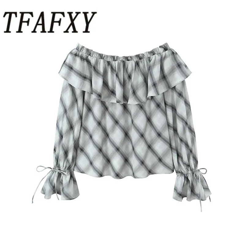 

TFAFXY клетчатая женская свободная рубашка с оборками, весна-лето 2026, повседневная блузка с длинным рукавом и одним воротником, женский топ, тонкий Y2K