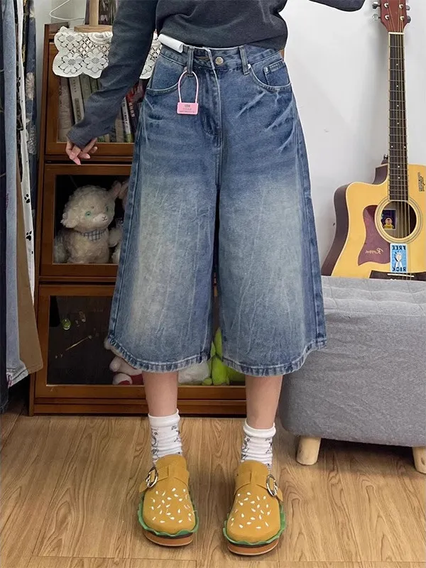 

Мужские джинсы American Lightning Stripe, летние, свободные, прямого кроя, широкие штанины, с эффектом потертости, до колена