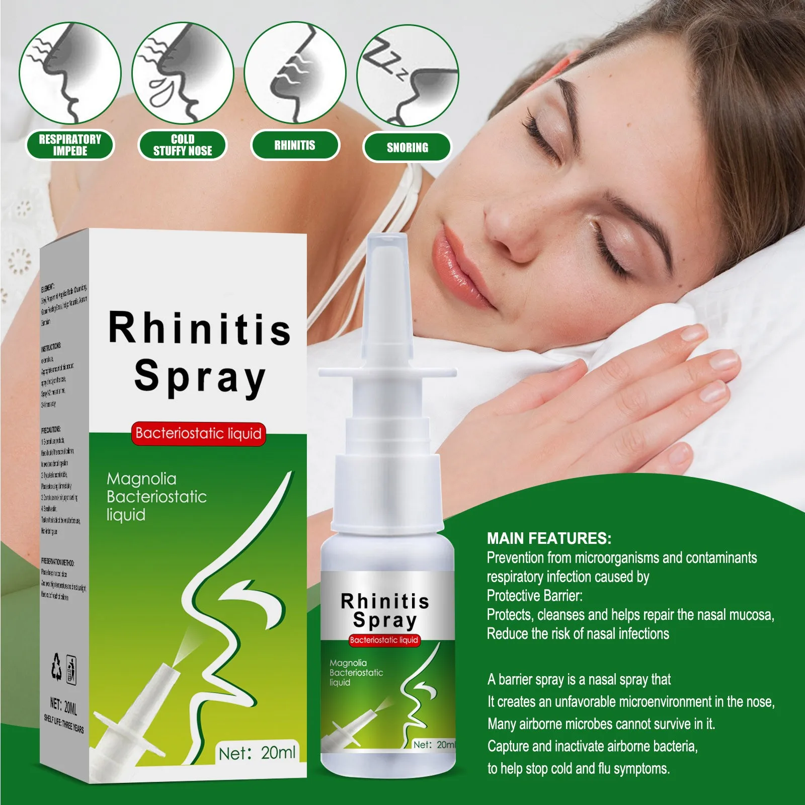 20 ml Bi Li Tong Spray, Juckreiz, laufende Nase, Niesen und sanfte, wirksame, glatte pflanzliche Nasenpflegelösung, Nasenpflege-Geschenk