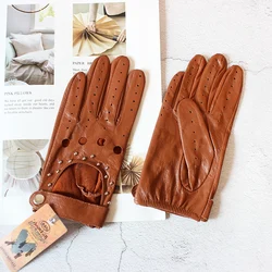 Summer Driving All Finger Leather Gloves Women's Sheepskin Unlined Fashion Hollow Out Style Outdoor Motorcycle Riding