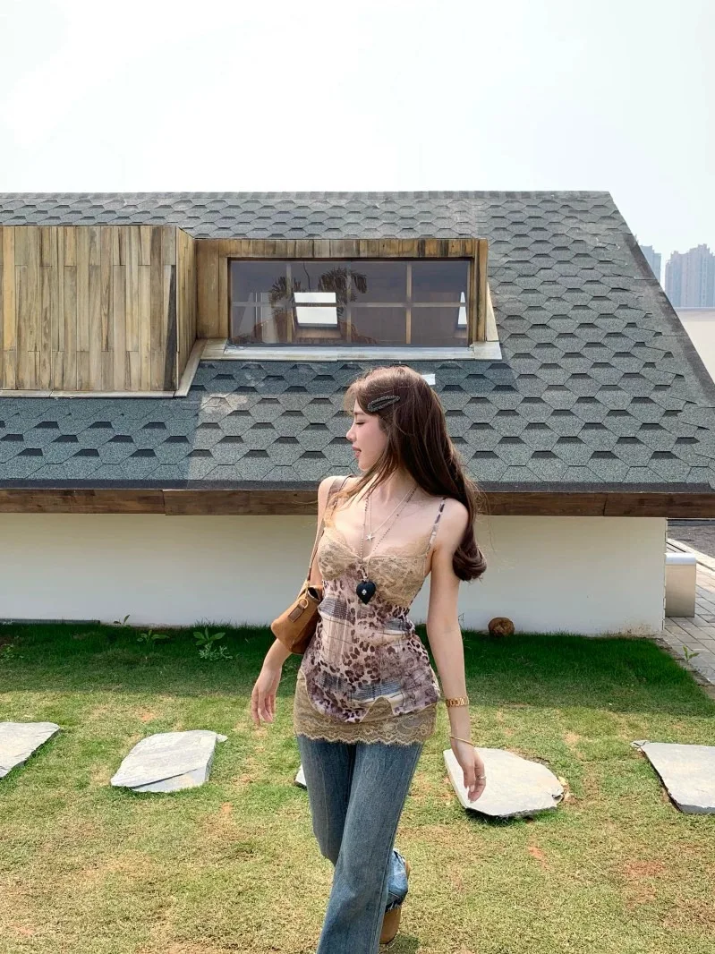 

Unique American Leopard Print Lace Strap Vest Women's Summer Thai Hot Girl Tube Top Unique Beautiful Irregular Sle