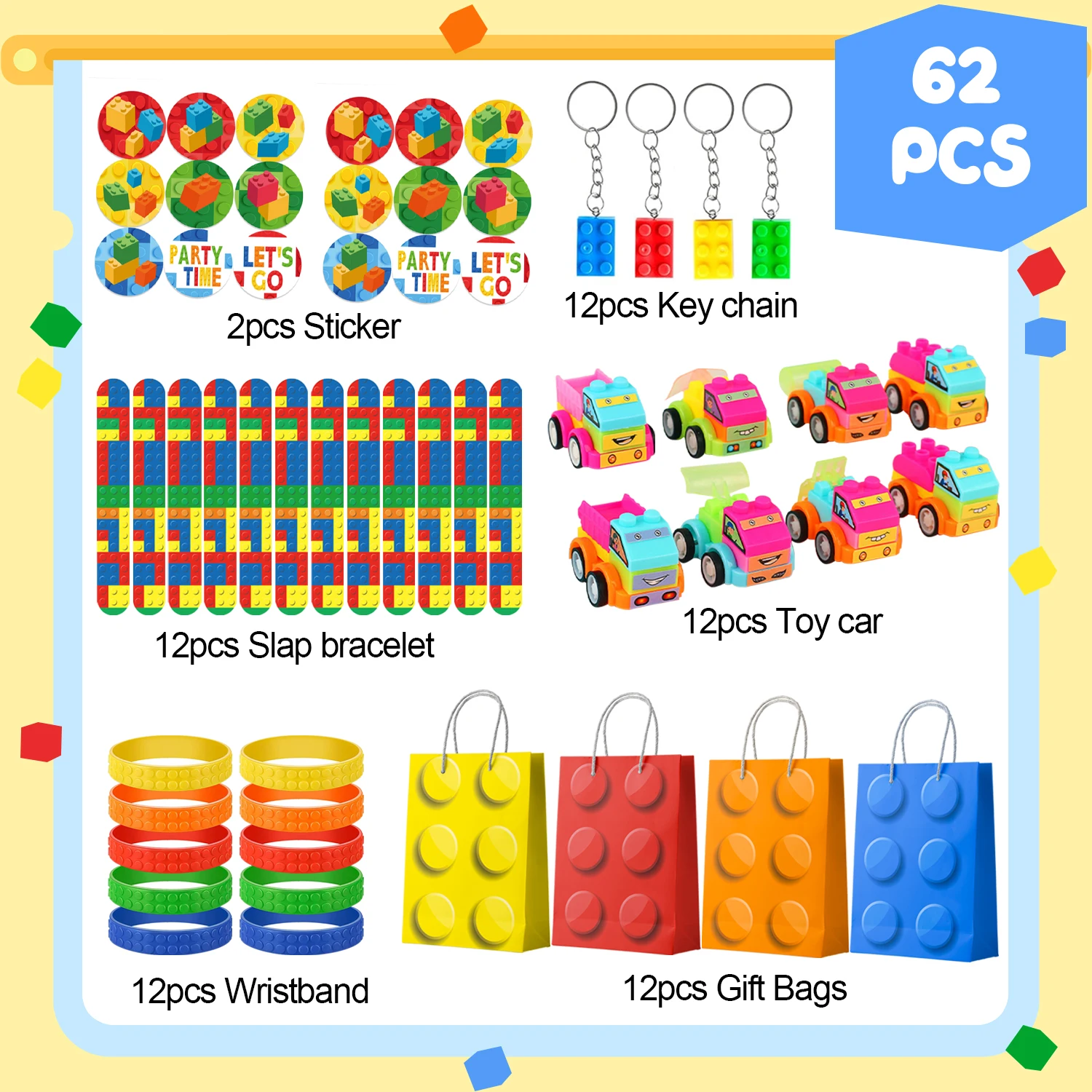 Building Block Birthday Party Favors,62 Pcs Building Blocks Favors Set- Favor Bags,Birthday Party Keychains Slap Bracelets etc