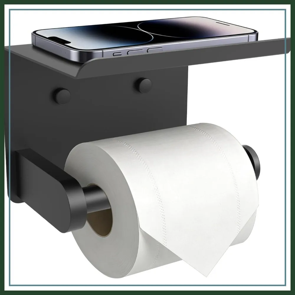 

SetSail Toilet Paper Holder with Shelf, Adhesive or Screw, Wall Mount, Matte Black, for Bathroom Hardware Accessories