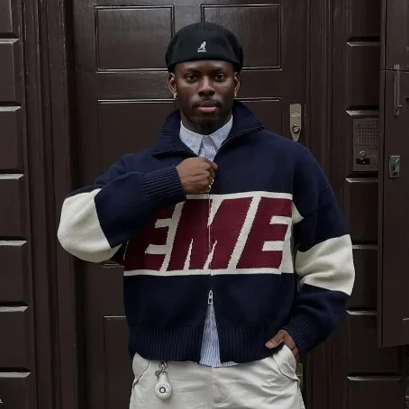 

Eme Studios Retro Harajuku Spliced ​​zipper Knit Sweater Fashion Casual Sweater Men American Y2k Letter Embroidery Clothing
