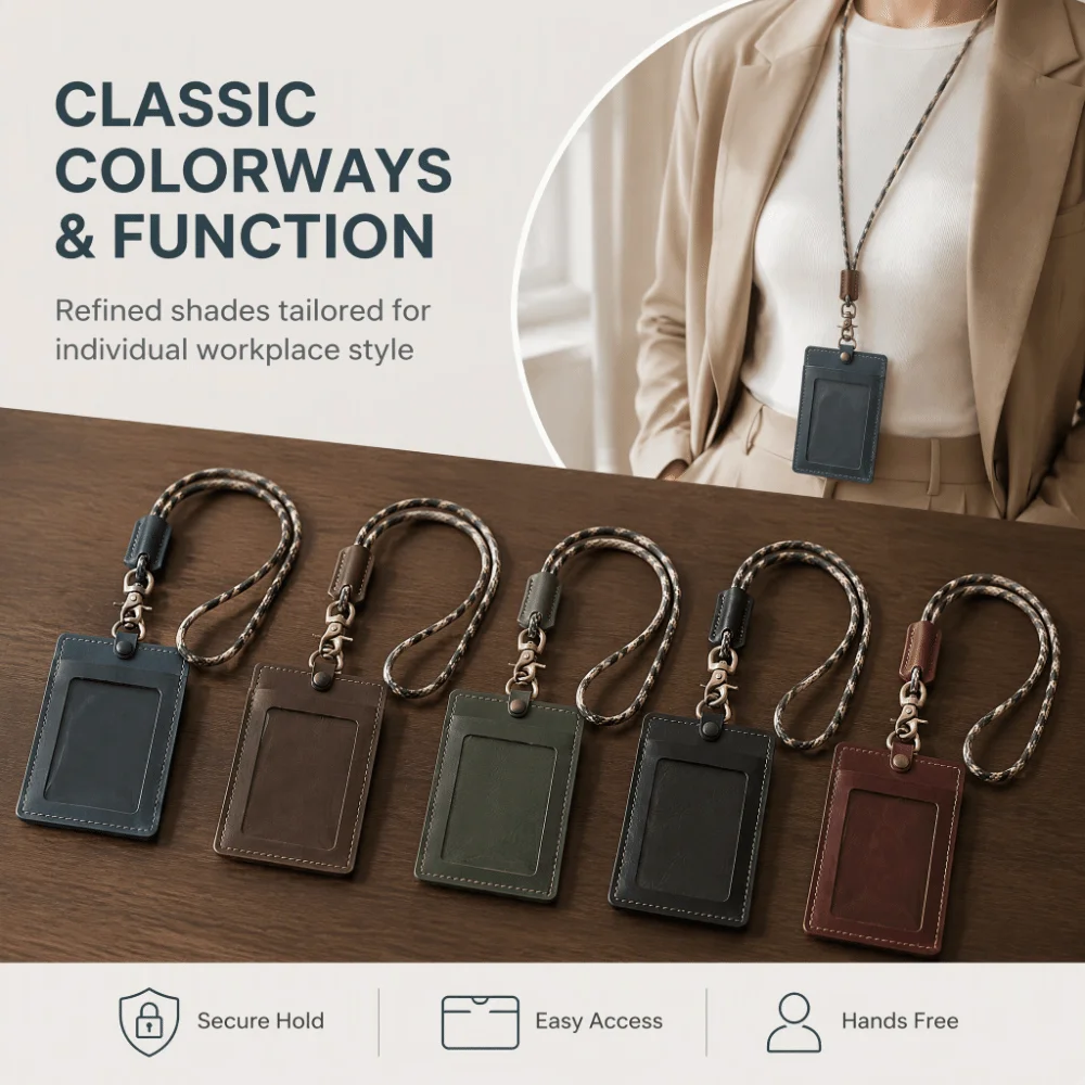 Vintage Waxed Leather ID Badge Holder Premium Leather Protective Sleeve Neck Lanyard Card Pouch Distressed Leather Snug Fit