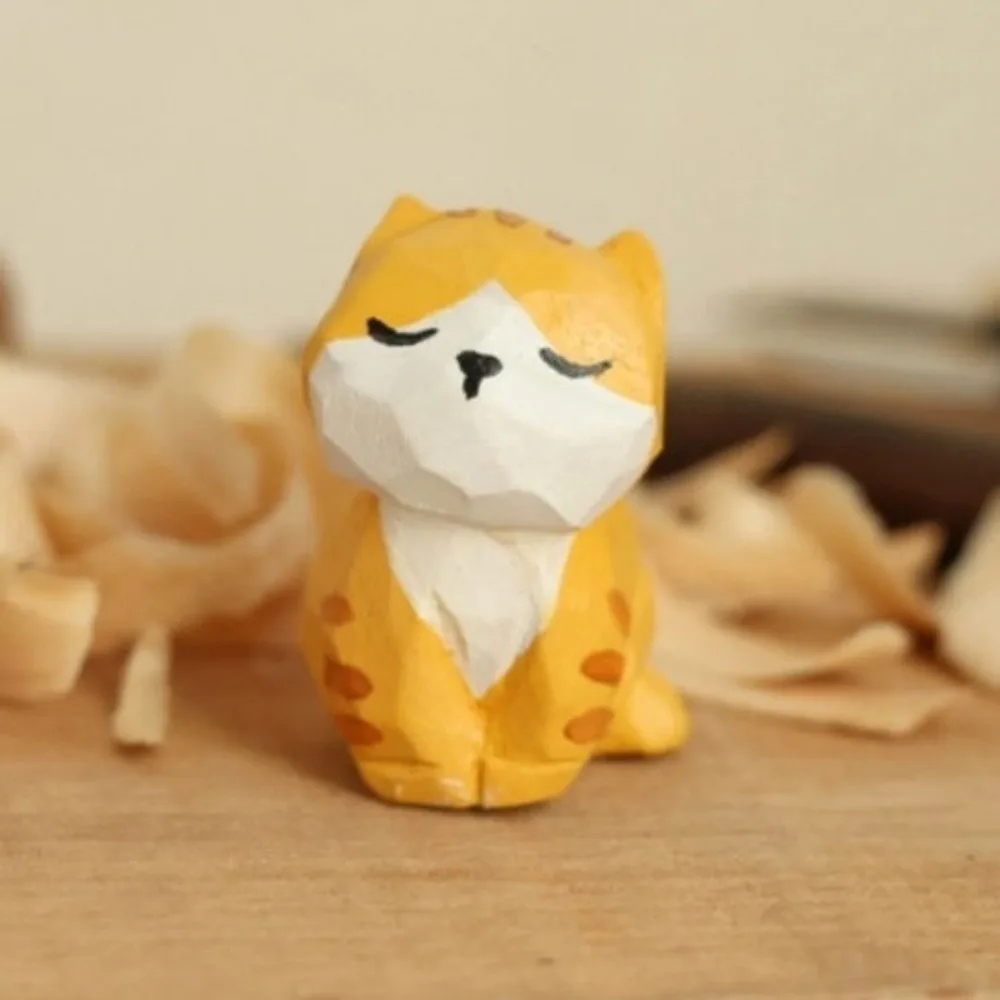 Cartoon Characters Wooden Carving Cat Ornament Sheep Crafts Animals Ornament Cute Handmade Small Rabbit Model Desk Decor