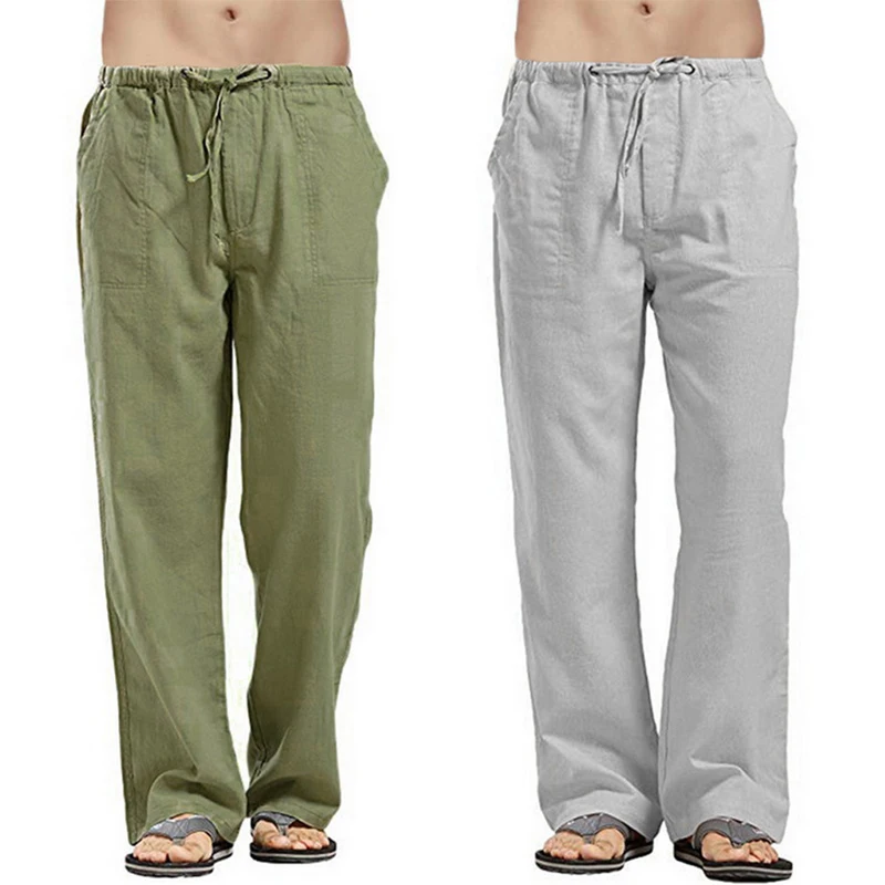 2025 New Men Cotton Linen Pants Summer Solid Color Breathable Linen Trousers Male Casual Elastic Waist Fitness Pants