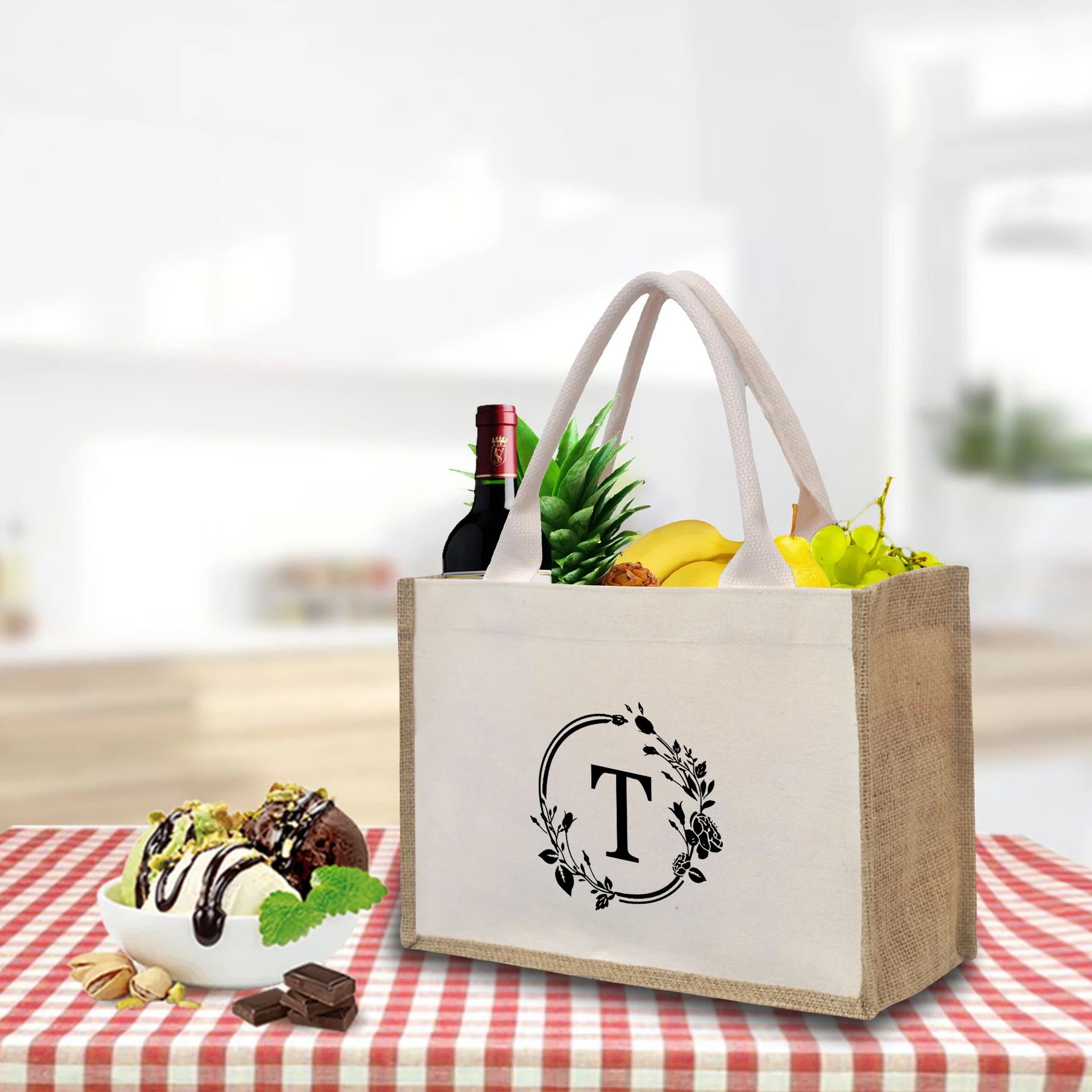 O ~ Z-Sac fourre-tout en toile pour la plage, sac à main de grande capacité, fourre-tout à la mode, lettres et fleurs, portable, initié au shopping décontracté