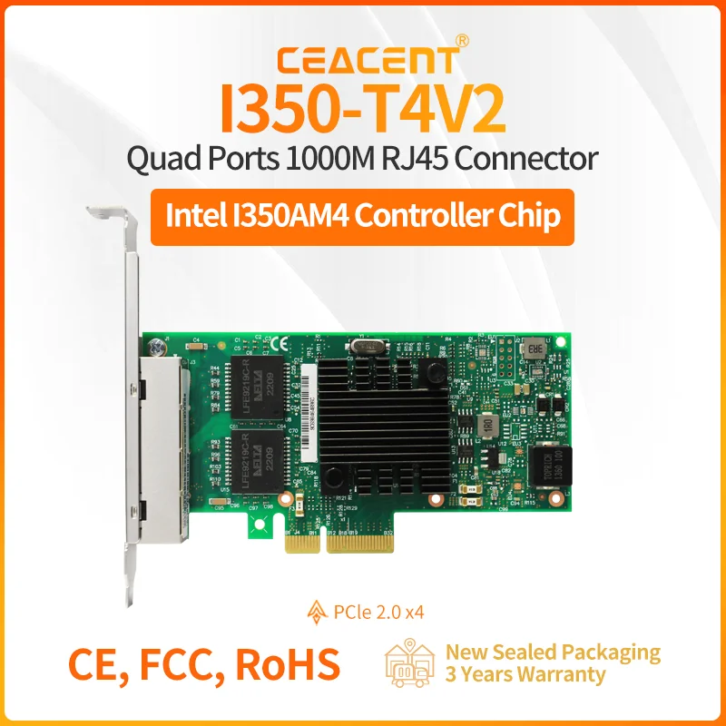 

I350-T4V2 1G 4 Port RJ45 1000base-T Network Card Intel I350AM4 Chipset PCIe x4 Ethernet Server Adapter