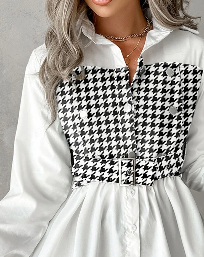 Women Shirts 2023 Houndstooth Print Patchwork Belted Ruched Top Daily Casual Elegant Turn-Down Collar Long Sleeve A-Line Blouse