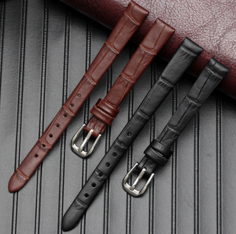 Small size ultra-thin soft cowhide Watch band genuine leather Women\'s watch chain brown bamboo grain Watch strap 6 8mm 10mm 12mm