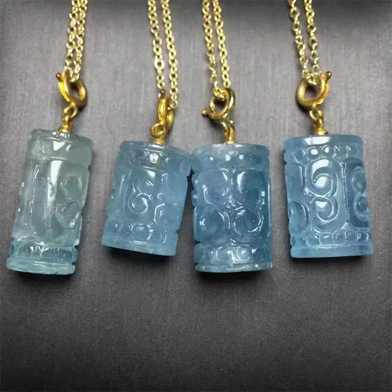 S925 Natural Aquamarine Mosaic Pendant Crystal Stone Hand Made Carved Crystal Fashion Jewelry Gifts 1PCS