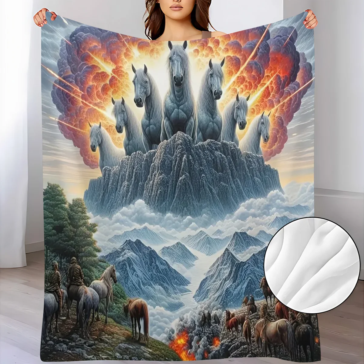Mythical Seven White Horses Flannel Throw Blanket Fantasy Seven Holy White Horses On Mountain Peak Fiery Cloud Sky Surreal
