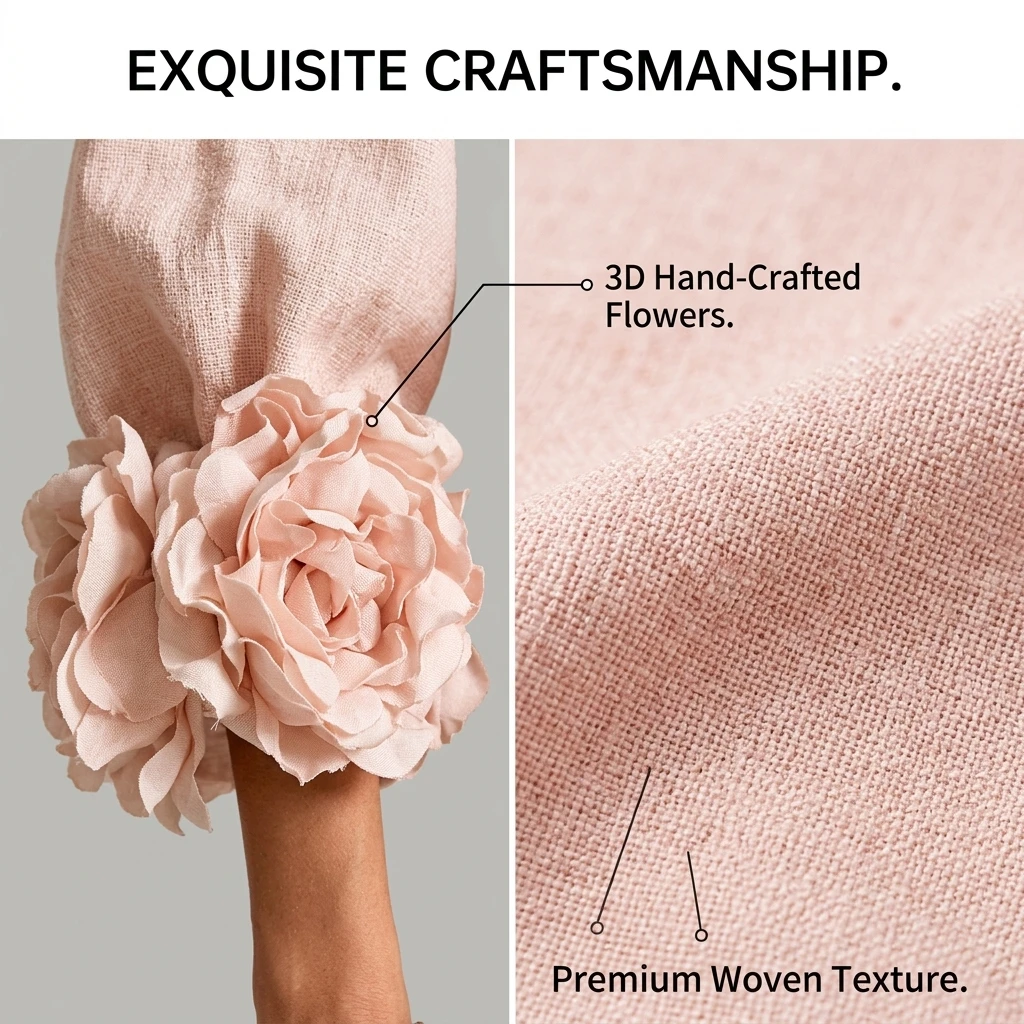 2 Piece Pants Set for Women Long Sleeve Top with 3D Flower Cuffs and Wide Leg Trousers Elegant Commuter Outfit image 5
