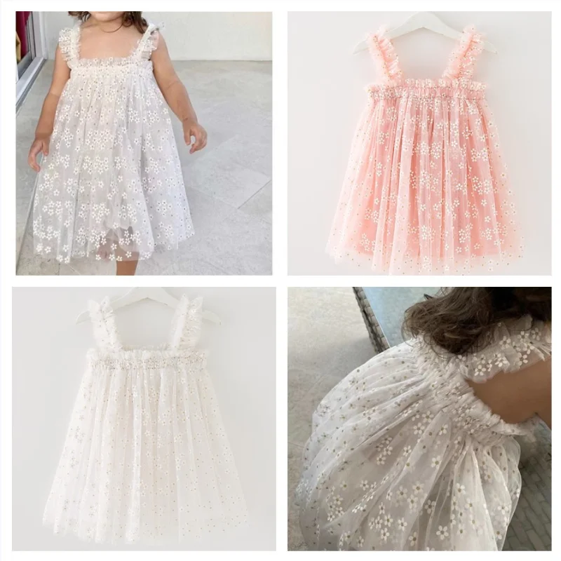 Summer New Girls Dress Sleevesless Lace Mesh Princess Dress Sequins Baby Kids Clothes Puffy Girls Birthday Party Dresses CC025