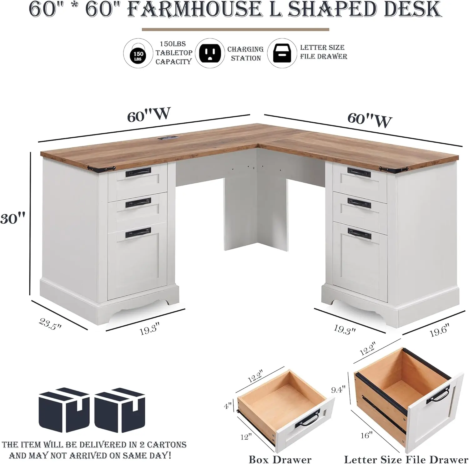 L Shaped Executive Desk with Drawers, Wood Home Office Corner Desk with Charging Station, File Drawer, Storage Cabinet, Rustic C