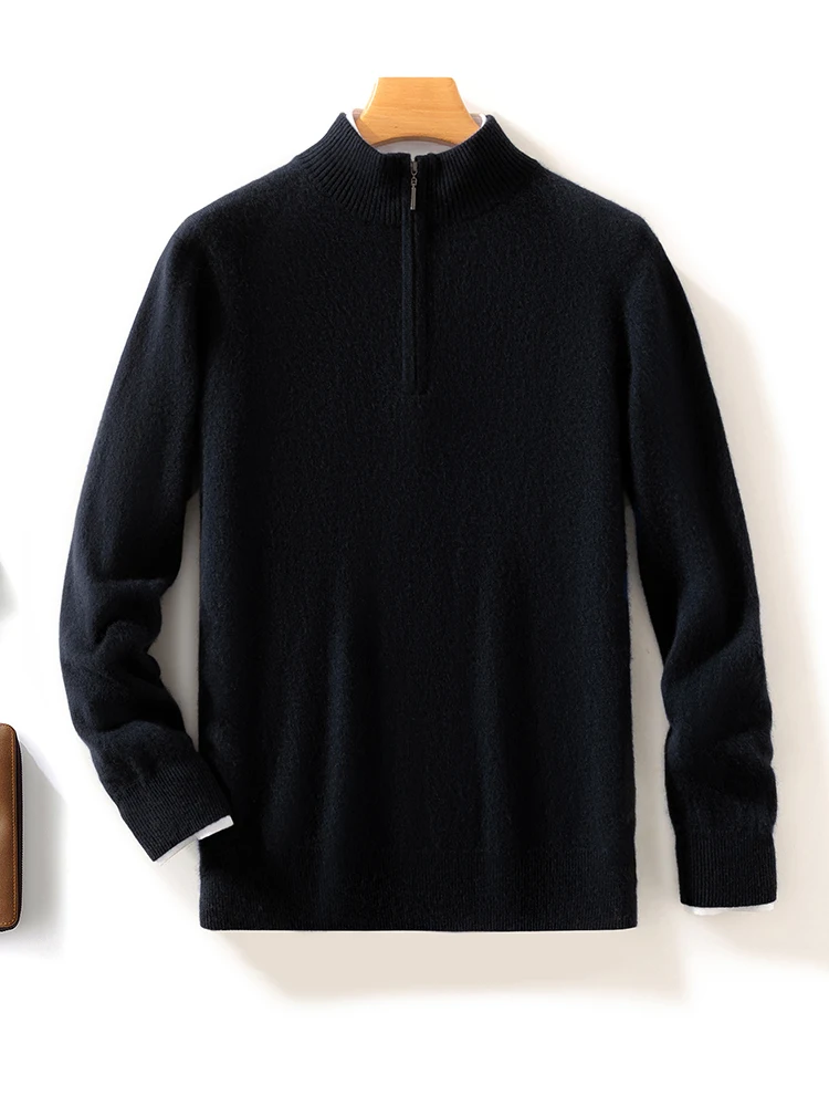 New Chic Men's Clothing Autumn Winter Stand Collar Casual Loose Sweater 100% Cashmere Knitted Zipper Pullover Basics male Tops